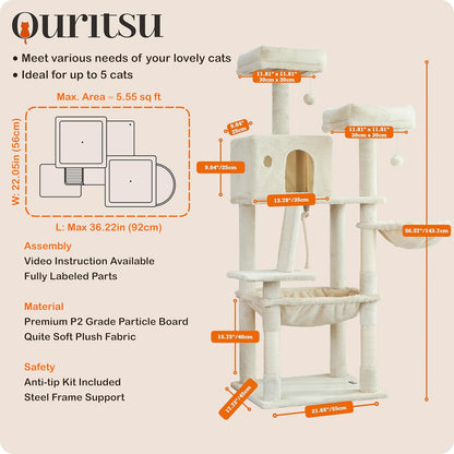Ouritsu Cat Tree, 56 inch Tall Cat Tower for Large Cat Indoor, Large Condo, 2 Padded Perches, Steel-Framed Hammock, Scratching Post and ramp, Fluffy Basket, Beige, LF001WH
