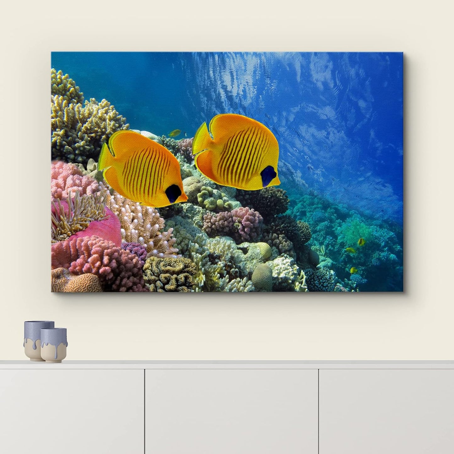 wall26 Canvas Print Wall Art Tropical Yellow Fish with Vibrant Coral Reef Nature Ocean Photography Realism Nautical Scenic Relax/Calm Multicolor Ultra for Living Room, Bedroom, Office - 24"x36"