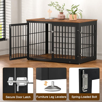 48 Inch Rustic Heavy Duty Dog Crate Furniture for Extra Large Dogs, Decorative Pet House End Table, Wooden Cage Kennel Furniture Indoor, Black and Brown