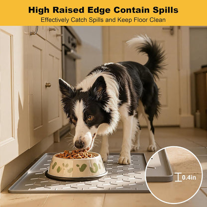 Pieviev Dog Cat Food Bowl Mat, Silicone Waterproof Food Grade Pet Food Mat for Floor, High Raised Edge to Prevent Spills, Non-Slip & Easy Clean Pet Placemat for Dog & Cat Bowls, 34''x22'', Light Gray