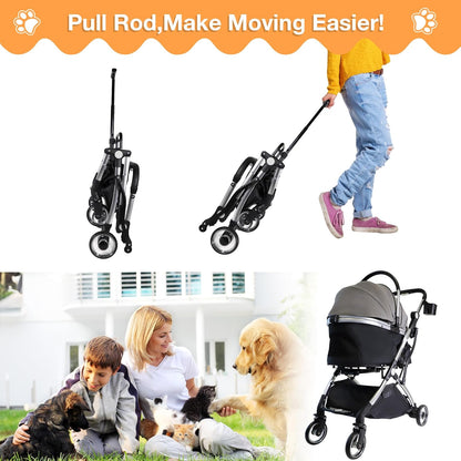 Dog Stroller for Small Medium Dogs, 3 in 1 Folding Pet Stroller Up to 33 lbs, 4 Wheels Pet Strolling Cart with Zipperless Entry, Cat Dog Travel Carrier with Telescopic Handle and Storage Basket