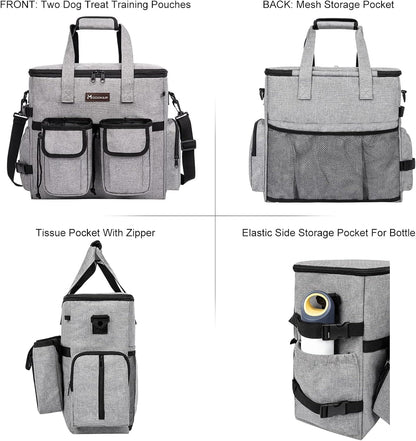 Airline Approved Dog Travel Bag with 2 Dog Treat Training Pouches, Tote Organizer for Weekend Pet Travel Supplies & Accessories, 2 Collapsible Bowls, 2 Food Container (Grey)