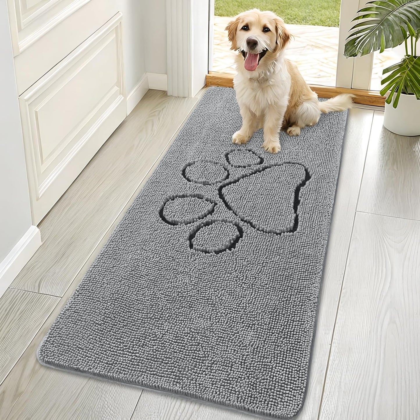 OLANLY Door Mat for Muddy Dog Paws 70x35, Ultra Absorbent Chenille Mud Doormat with Paw Print Design, Non-Slip Washable Doormat for Indoor Entryway, Quick-Dry Pet Bed Mats for Dirty Dogs, Grey