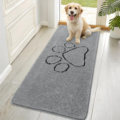 OLANLY Door Mat for Muddy Dog Paws 70x35, Ultra Absorbent Chenille Mud Doormat with Paw Print Design, Non-Slip Washable Doormat for Indoor Entryway, Quick-Dry Pet Bed Mats for Dirty Dogs, Grey