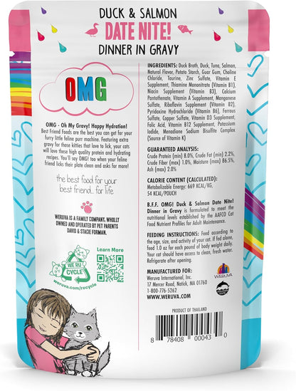 Weruva B.F.F. OMG - Best Feline Friend Oh My Gravy!, Date Nite! with Duck & Salmon in Gravy Cat Food, 2.8oz Pouch (Pack of 12)