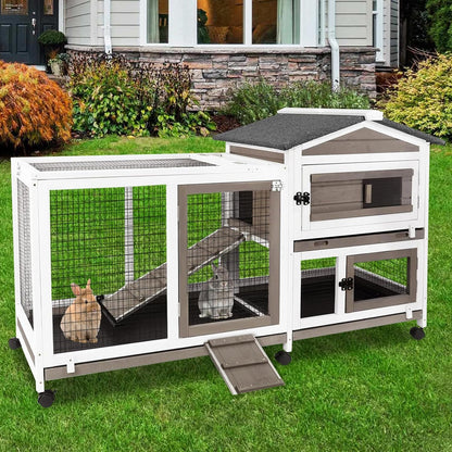 57" L Rabbit Hutch Indoor Outdoor 2 Story Large Bunny Hutch with Run Guinea Pig Cage Wooden Rabbit Cage with Removable 3 Pull Out Trays Pet House for Small-Medium Animals