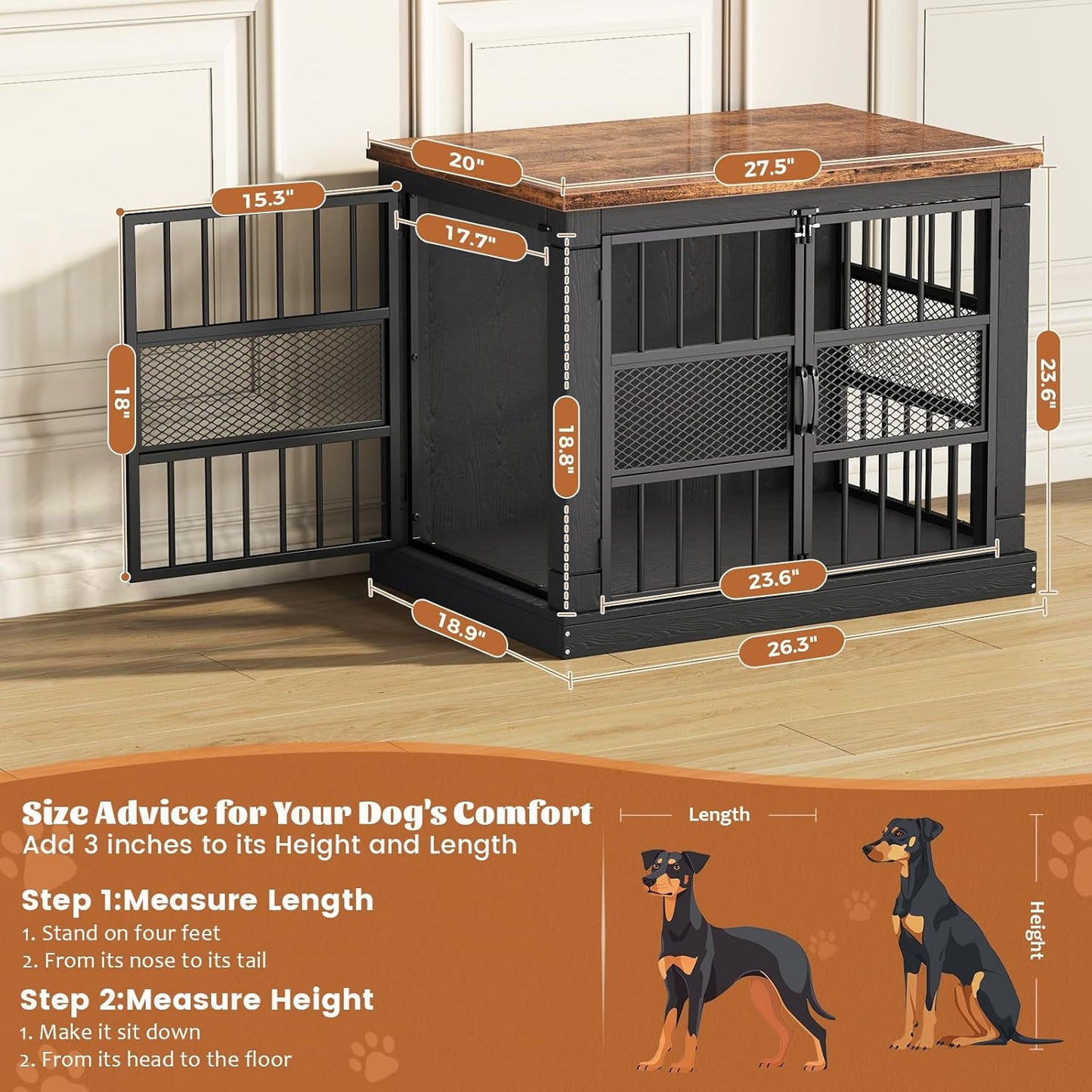 VOPEAK Dog Crate Furniture, Chew Resistant Dog Crate for Dogs, Heavy Duty Dog Crates Dog Kennel Cage Indoor with Double Doors, End Table for Bedroom Living Room (Black, 27.5" L x 20" W x 23.6" H)