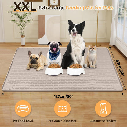 Dog Food Mat, Extra Large 50" x 35" Silicone Pet Feeding Mat with Raised Edge Pet Placemat for Small, Medium, and Large Pets Non-Slip, Easy to Clean (Khaki)