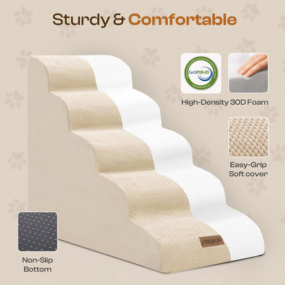 Dog Stairs for High Beds, Extra Tall 24.5" 5-Step Pet Steps for Medium & Small Dogs, Foam Ramp for Tall Couch & Bed, Washable Cover - Dog Steps for Bed