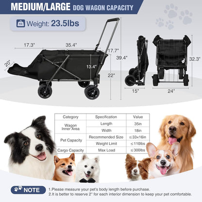 REDCAMP Folding Dog Wagon Cart with Extendable Rear End Heavy Duty, 220L Large Collapsible Utility Cart Dog Stroller with Tailgate for Sports Shopping Pet, Black