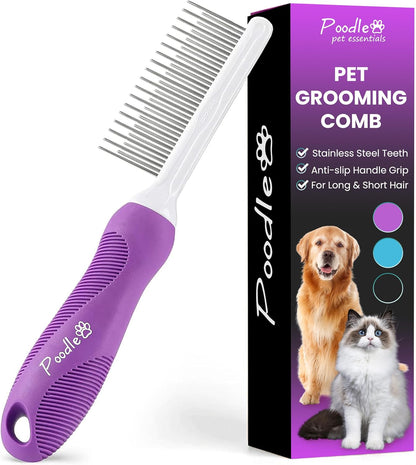 Poodle Pet Detangling Pet Comb with Long & Short Stainless Steel Teeth for Removing Matted Fur, Knots & Tangles – Detangler Tool Accessories for Safe & Gentle DIY Dog & Cat Grooming