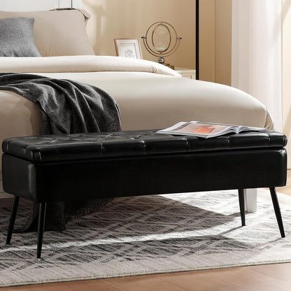 Leather Storage Ottoman Bench,End of Bed Bench for Living Room Bedroom Dinning Room Entryway,Mid-Century Modern,Faux Leather,with Steel Legs,Safety Hinges, Loads 660 lb (with Button, Black)