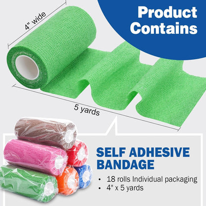 AZEN 18 Pack Self Adhesive Bandage Wrap, 4" X 5 Yards Elastic Cohesive Bandage Wrap, Color Athletic Tape, Tattoo Grip Tape Wra, Ankle Tape, Vet Wrap