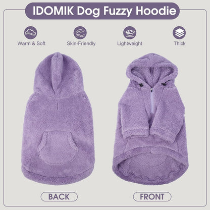 IDOMIK Fuzzy Dog Sweater with Adjustable Hood, Warm Fleece Dog Sweater Hoodie with Harness Hole & Pocket, Pullover Sweaters for Small Dogs, Fuzzy Hooded Sweatshirt for Fall Winter Christmas,Purple,XS