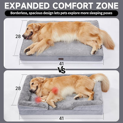 OhGeni Orthopedic Waterproof & Machine Washable Dog Bed for Large Pets, Suitable for Crates, 25D Egg Crate Foam, Non-Slip Bottom & Removable Cover, Corduroy Fabric, 41 Inches(Gray)