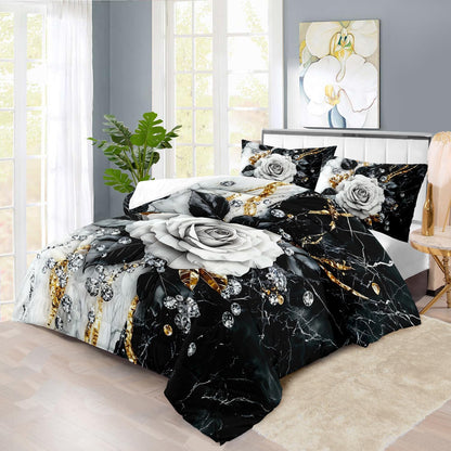 Marble Floral Comforter Set for Twin Bed Women,Vintage Flower Bedding Set Twin,White and Black Comforter Rose Quilt for Girls,Rose Bedding Floral Bedroom Decor Adults