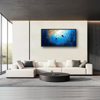 Large Ocean Diving Wall Art for Living Room, Framed Oversized Fish Wall Decor Underwater Marine Life Canvas Painting Modern Artwork for Living Room Bathroom Bedroom Office Dining Room 60"x30"