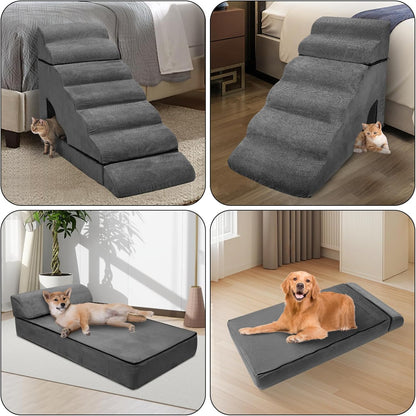 Foam Dog Stairs & Steps Ramps for High Beds 30-36 inches High Tall Large Dogs, LitaiL 7 Step Pet Stairs Steps for High Beds 30 inch Small Dogs, Non-Slip Dog Ramps for Bed