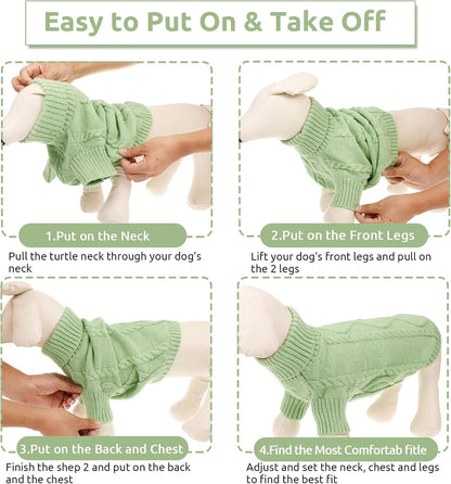 Queenmore Small Dog Pullover Sweater, Cold Weather Cable Knitwear, Classic Turtleneck Thick Warm Clothes for Chihuahua, Bulldog, Dachshund, Pug, Yorkie (Green, X-Small)