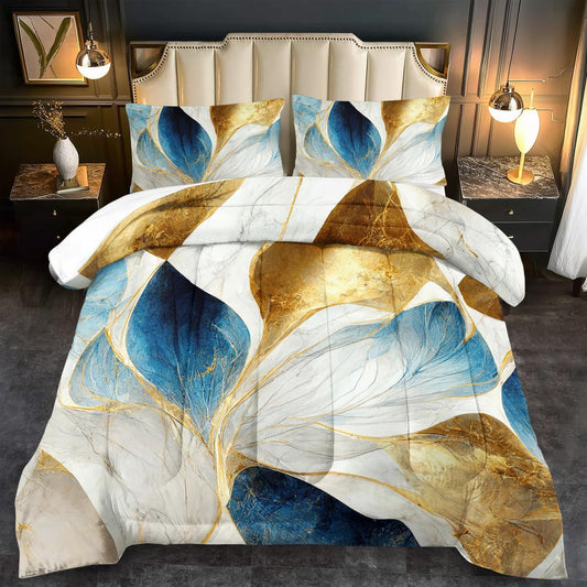 Vintage Floral Comforter Set Twin Size Women,Marble Flower Bedding Set Twin,Marble Blue Flower Bed Comforter,Blue and Gold Floral Quilt Bedroom Decor for Kids and Adults
