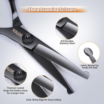 Dog Grooming Scissors Kit with Safety Round Tips, GEMEK Professional 6 in 1 Grooming Scissors for Dogs, Heavy Duty Titanium Coated Pet Grooming Scissor for Dogs, Cats and Other Animals (Black)