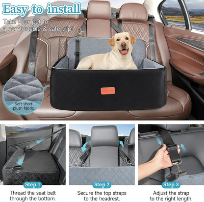 Dog Car Seat for Medium/Large Dogs, Pet Booster Seat for Under 55 lbs or 2 Small Dogs, Detachable & Washable Dog Car Bed for Backseat with 2 Safety Leashes (Black/Grey)