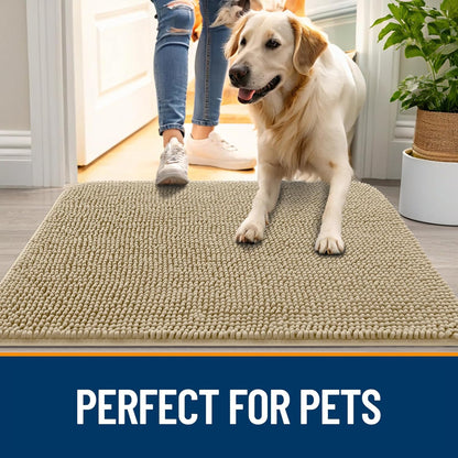 OLANLY Dog Door Mat for Muddy Paws 48x30, Absorbs Moisture and Dirt, Absorbent Non-Slip Washable Doormat, Quick Dry Chenille Mud Mat for Dogs, Entry Indoor Entryway Carpet for Inside Floor, Beige