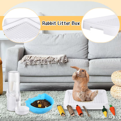 19 Pcs Rabbit Starter Kit Small Bunny Litter Box Animal Grooming Kit Water Bottle Bunny Toys Hay Feeder Bowl Blankets with Cleaning Set for Guinea Pig Rabbit Accessories (White)