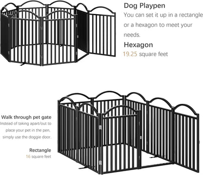 BHG Metal No-Assembly Freestanding Dog Gate with Door Walk Through, Extra Wide 96", Extra Tall 32" Pet Gate, Accordion Puppy Folding Playpen Dog Fence, with 2PCS Support (Black, 8 Panels)