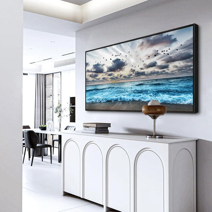 Wapluam Black And White Beach Wall Painting Black Framed Canvas Wall Art For Living Room Wall Decoration For Bedroom Office Wall Decor Blue Sea Wave Pictures Artwork Modern Hotel Room Home Wall Art