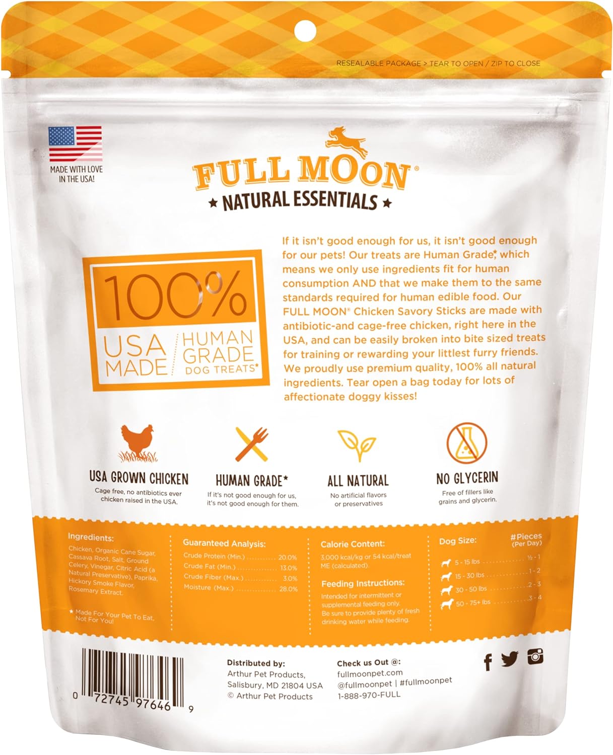 Full Moon All Natural Human Grade Dog Treats, Essential Chicken Savory Sticks, 16 Ounce