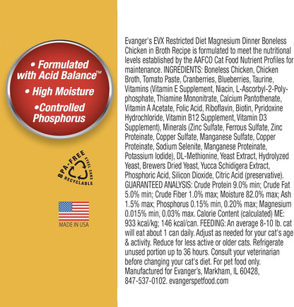 Evanger’s EVX Restricted Diet Magnesium Canned Cat Food – 24 Count, 5.5 oz Cans Each – Boneless Chicken in Broth with Berries – Grain Free, Limited Ingredients, Stew Style