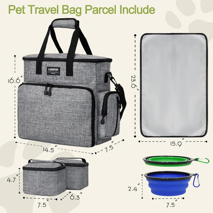 Dog Travel Bag,Weekend Pet Travel Bag Set for Dog and Cat,Airline Approved Tote Multi-Function Dog Bags for Traveling,Include 2 Collapsible Bowls,2 Food Storage Containers,1 Feeding Mat,Gray