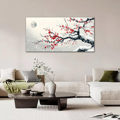 Large Flower Blossom Wall Art Snow Winter Canvas Living Room Chinese Floral Pictures Framed Prints Oversize Japanese Wall Decor Painting Artwork for Bedroom Dining 60"x30"