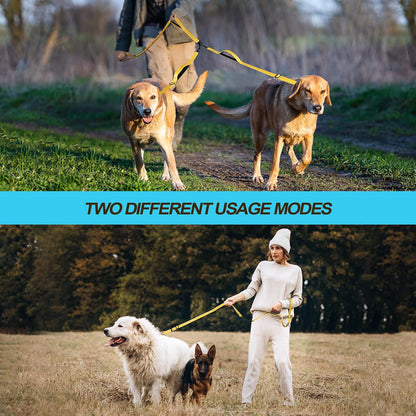 PetBonus Double Dog Leash, No Tangle Dual Leash, Reflective Walking Training Lead, 4 Comfortable Padded Handles for 2 Dogs with Collapsible Bowl and Waste Bags (Yellow, Large)