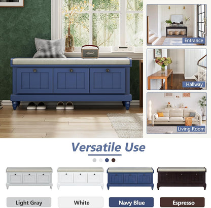 Classic Shoe Storage Bench with Cushion and Three Drawers, Fluted Entryway Bench with Storage for Entryway, Living Room, Hallways 44.0" L x 15.9" W x 18.9" H Antique Navy