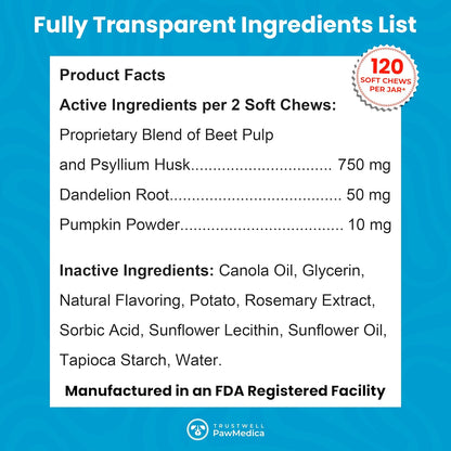 PawMedica Dog Anal Gland Chews to Stop Scoot for Dogs - Anal Gland Dog Constipation Relief - Recommended Dog AnalGland Support Chews Fiber - Fiber Supplement for Dogs (120 Dog Pumpkin Chews)