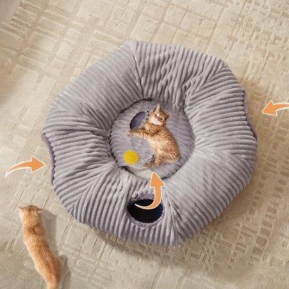 Cat Tunnel Bed for Indoor Cats,Cat Donut Tunnel Toy with Washable Circle Cushion,Blackout Tent, Multifunctional Playground Toys Hideplace for Kitty, Kitten, Rabbit,Ferret