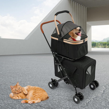 Double Pet Stroller for Dogs and Cats, Foldable Dog Stroller Travel Carriage with Detachable Carriers, Safety Belts, and 4 Lockable Wheels for Small to Medium Pets (Black)