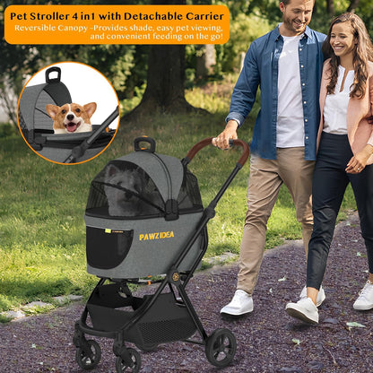 PAWZIDEA Pet Stroller 4 in 1, Dog Strollers for Small/Medium Dogs with Detachable Carrier Easy Lock Canopy, Seatbelt Puppy Car Seat, Cozy House, Foldable & Lightweight Jogger Cat Stroller, 4 Wheels