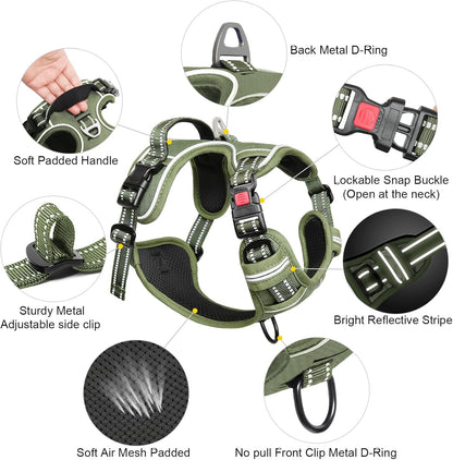 Timos Dog Harness Large Sized, No Pull Pet Harness with Neck Lockable Snap,No Choke Front Clip Dog Reflective Vest,Adjustable Metal Rings 3 Buckles,Easy Control Handle for Large Dogs Green XL