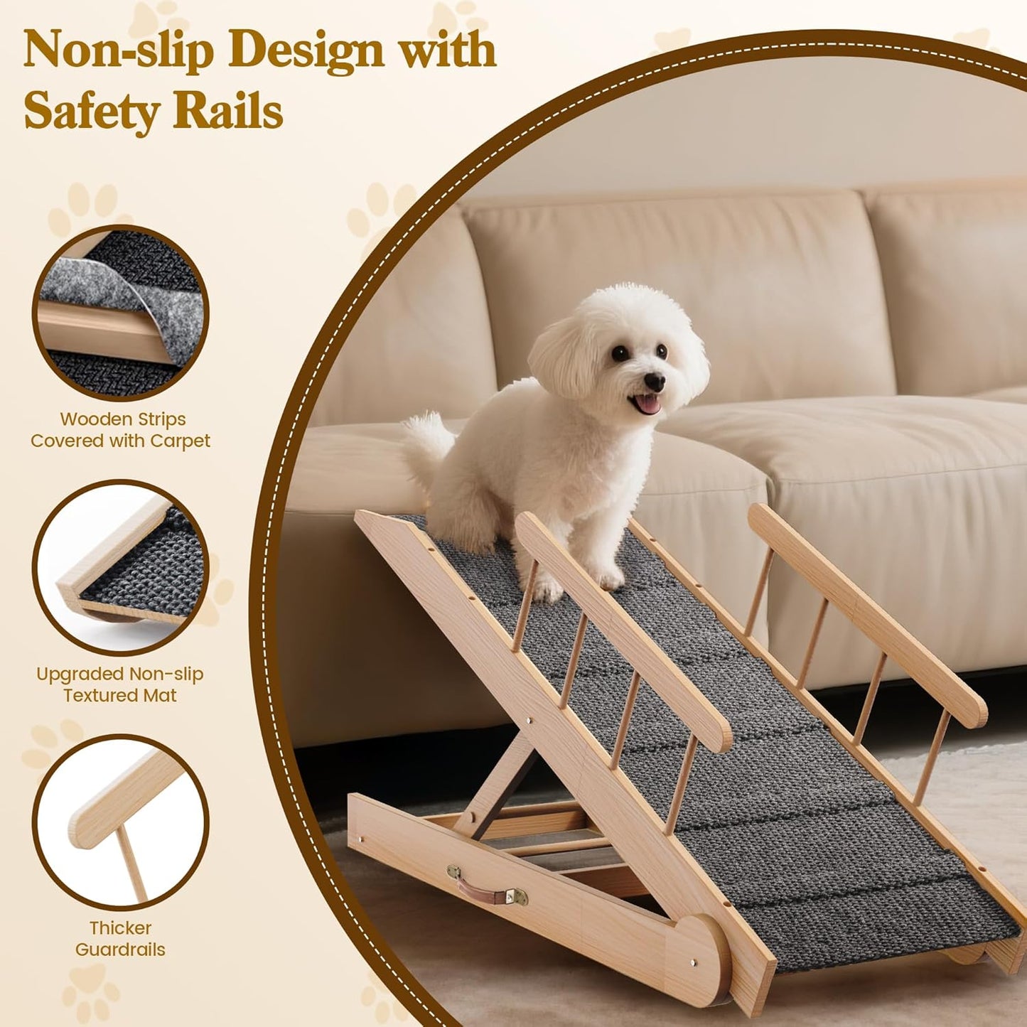 Dog Ramp for Bed, 47" Long Non-Slip Portable Pet Ramp for Small Large Dogs, Wooden Adjustable Dog Ramps for Bed, Couch, Car -Non Slip Carpet Surface and Foot Pads, Height from 12" to 24", Up to 200LBS