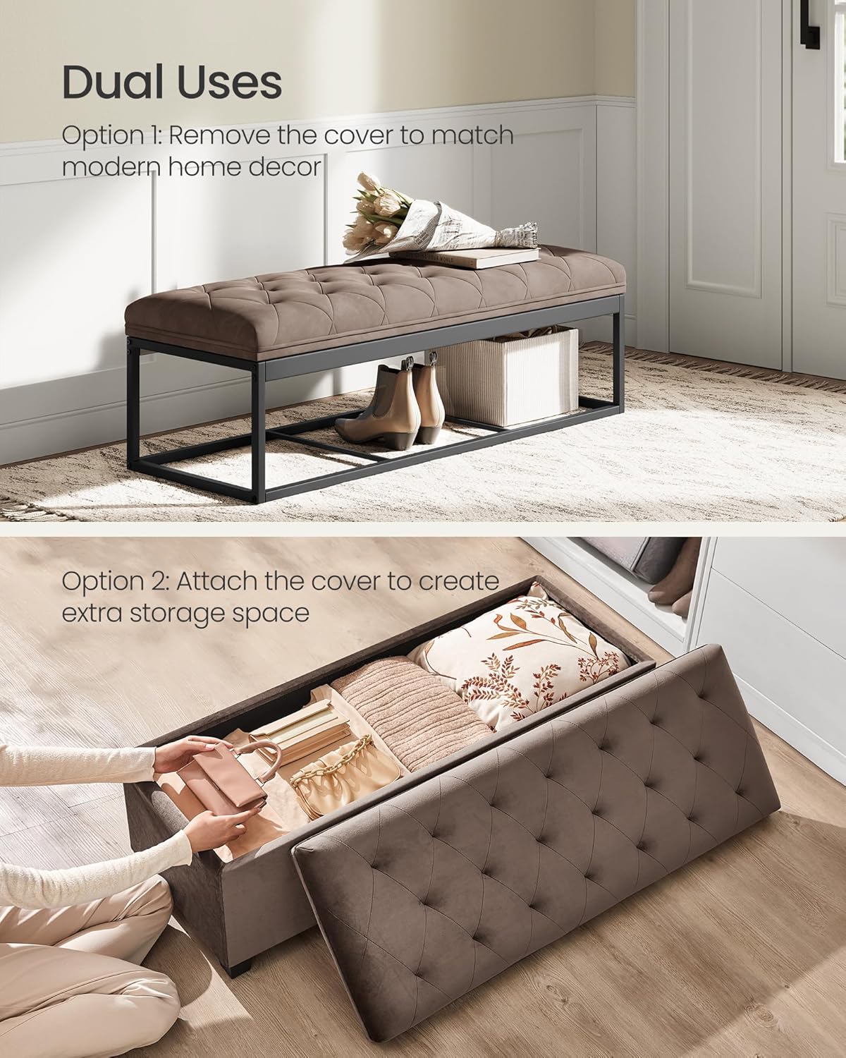 SONGMICS Velvet Storage Ottoman Bench, Foot Rest with Legs, 15.7 x 43 x 15.7 Inches, End of Bed Bench, Storage Chest, Load up to 660 lb, for Living Room, Bedroom, Entryway, Walnut Brown ULSF089K01