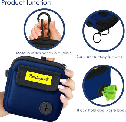 Dog Treat Pouch for Pet Walking and Training with Clicker, Poop Bags and Three Bags Design Small Fanny Zipper Pack Holder for Puppy Snack Dispenser Kit for Leash and Outdoor Use (Blue)