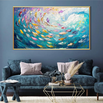 Fish Canvas Wall Art, Abstract School of Fish Canvas Wall Art, School of Fish Painting Canvas, School of Fish Wall Art, Fish Wall Decor, Fish Pictures Wall Decor, Bedroom Canvas Wall Decor (Gold Framed, 59"x33" | 150x84cm)