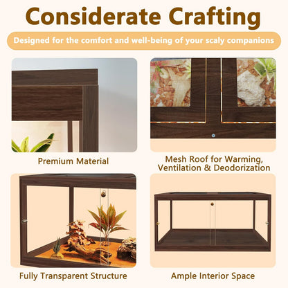 PROLEE Bearded Dragon Tank,34 Gallon Reptile Tank with Meatl Mesh Roof and Front Sliding Door, Anti-Scratch Lizard Tank,Spacious Reptile Enclosure for Snakes,Lguanas, Chameleons(Walnut)