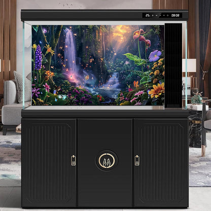 Fantasy Garden Aquarium Background Sunset Waterfall and Flowers Terrarium Backdrop Tropical Forest Lush Plant Magic Butterfly Lights Flowers Fish Tank Background Poster Decorations 60x24in