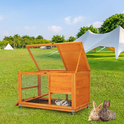 COZIWOW Fashionable Wood 36Inches Rabbit Hutch Indoor with Wheels Bunny Cage Outdoor Fashion Rabbit Cage with Clean Tray, Openable Roof, Anti-Slip Ramp for Small Bunny Rabbit (Orange)