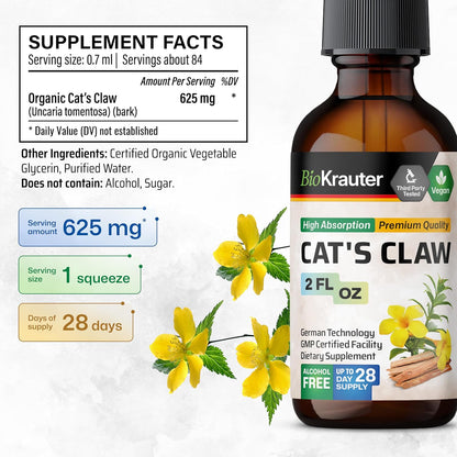 BIO KRAUTER Cats Claw Tincture - Vegan Cat's Claw Supplement - Immune Support - Alcohol & Sugar Free Extract - Vegan Drops 2 Fl.Oz.