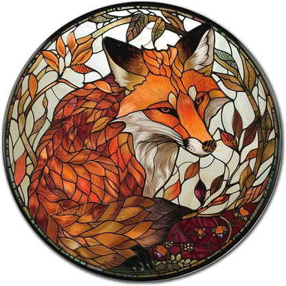 Lygond Metal Sign Tin Sign Circular Stained Glass Red Fox2 Funny Garden Signs For Garage 12×12 Inches